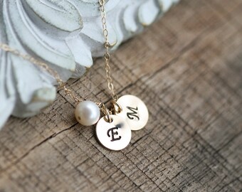 custom initial necklace,hand stamped Initial tag,pearl necklace,Sisterhood gift,family monograms,Best Friend gift,Mother's day gift,