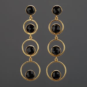Four tier black onyx in gold hoop earring,Long dangle black onyx swing earring,black dress earring,mother gift,anniversary gift