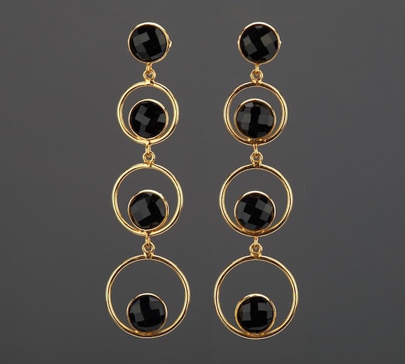 black dress with gold earrings Onyx Bicone Triplet Handmade Earrings main image 0