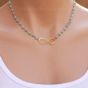 Beaded turquoise Infinity necklace,beaded gemstone necklace,infinity custom gemstones,Gold figure eight necklace,Mother Jewelry,best friend image 1