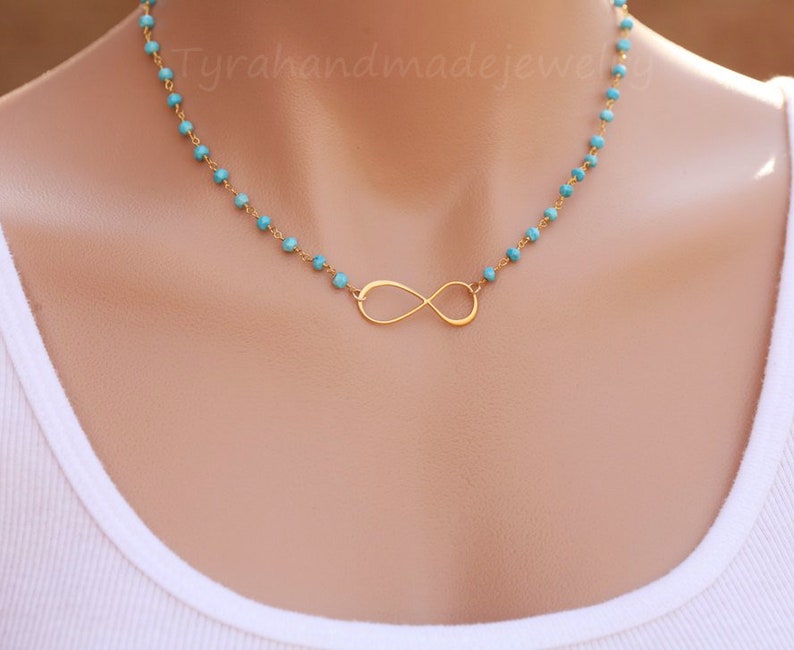 Beaded turquoise Infinity necklace,beaded gemstone necklace,infinity custom gemstones,Gold figure eight necklace,Mother Jewelry,best friend image 1