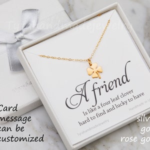 Four leaf clover necklace,shamrock necklace,lucky charm,Best friend gift,St Patricks Day gift,sisterhood,birthday gift,custom jewelry card image 1