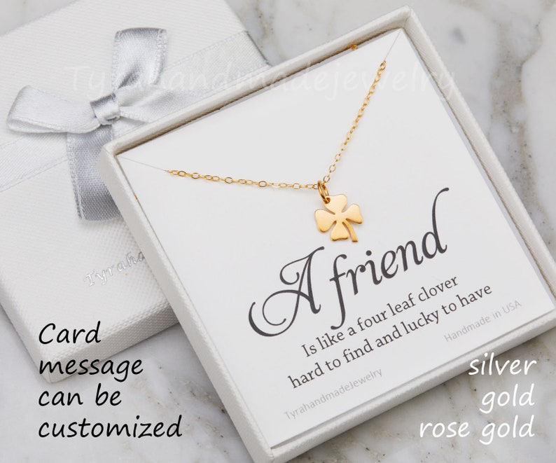 Four leaf clover necklace,shamrock necklace,lucky charm,Best friend gift,St Patricks Day gift,sisterhood,birthday gift,custom jewelry card image 1