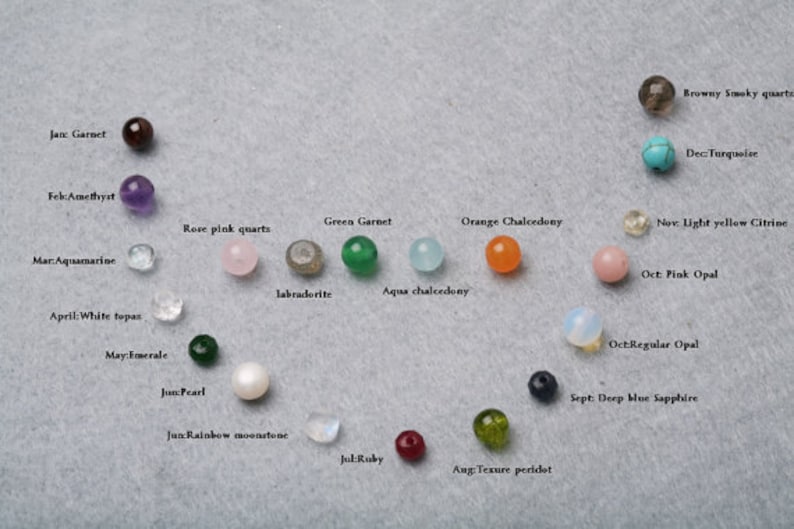 May include: A collection of gemstone beads arranged in a circular pattern. The beads include garnet, amethyst, aquamarine, white topaz, emerald, pearl, rainbow moonstone, ruby, peridot, sapphire, opal, citrine, turquoise, and smoky quartz. Each bead is labeled with its name.