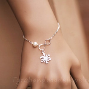 Snowflake bracelet,Infinity pearl bracelet,winter wedding gift,Best friends,snowflake and infinity,bridesmaid gifts,wedding bridal jewelry image 1