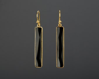 Black onyx Long bar earring,thin rectangle black onyx earring,long dangle black onyx,birthday gift,mother gift,black dress earring,