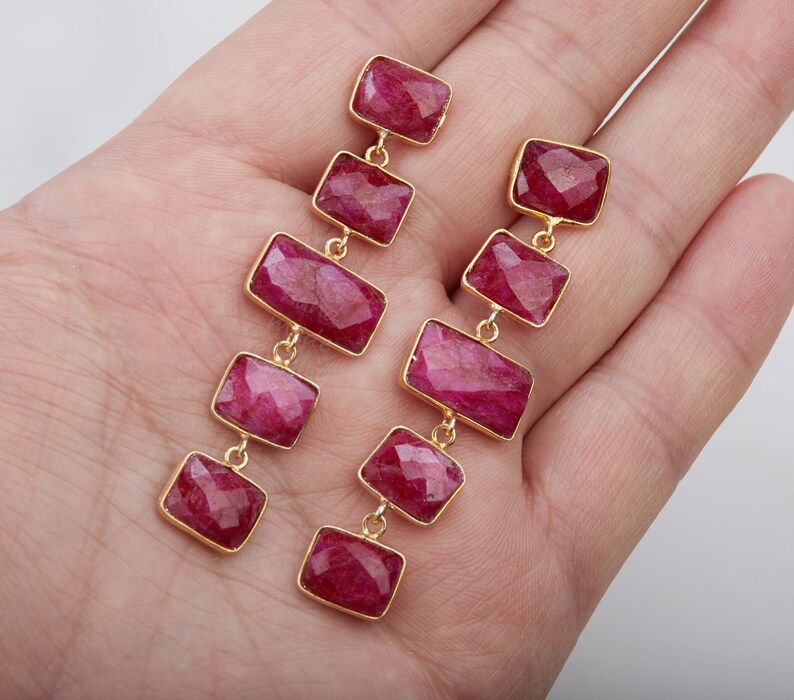 Five tier ruby earring,Long dangle ruby earring,square ruby string,natural gemstone earring,July birthday gift,mother gift,anniversary gift image 2