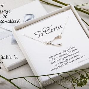 Collar de plata esterlina Wishbone, Sideways,Blessed, regalo de graduación, collar de horquilla inspirado en Jennifer Aniston, celebridades, tarjeta de nota personalizada