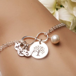 Pulsera infinita del árbol genealógico, pulsera inicial de pájaro, árbol de la vida, monogramas infantiles, estampado a mano, regalo de la madre, regalo de la abuela, tarjeta de nota personalizada