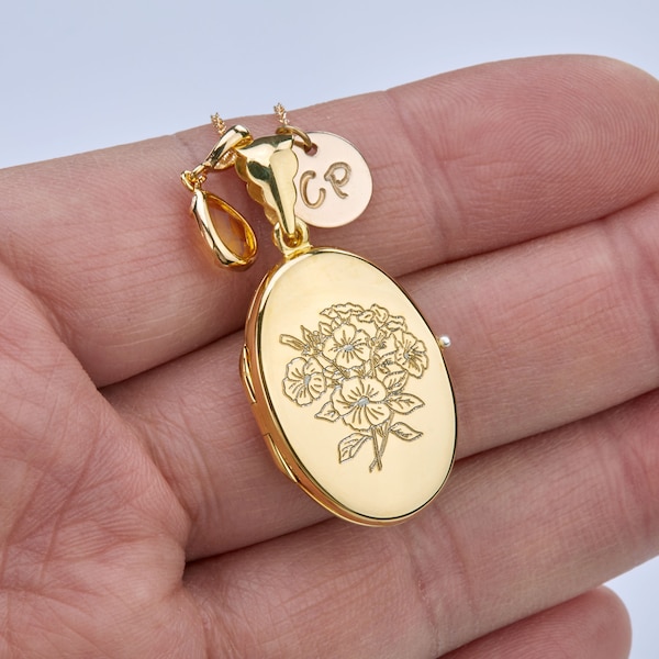 Silver/Gold/Rose gold Engraved oval locket with photo,memorial locket,Personalized remembrance locket,custom initial birthstone,mother gift