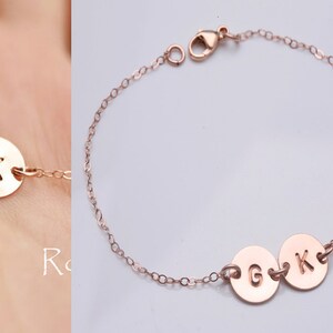 Personalized Rose gold initial bracelet,Pink gold monogram disc,hand stamped initial,Family,Friendship,Sister,Mother bracelet,custom font