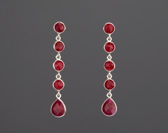 Five tier ruby earring,ruby bead chain earring,long drop ruby string,dangle swing ruby,deep red stone earring,July birthday gift,mother gift