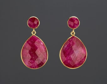Two tier deep red pear ruby earring,round ruby post earring,July birthday gift,red dress earring,mother gift,custom jewelry card