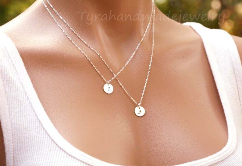Silver Double Layer initial necklace,custom font monograms,hand stamped couple initials,sisters jewelry,mother and baby,personalized card silver no note card
