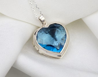 Aqua crystal heart sterling silver locket with photo,large memorial heart locket,remembrace locket gift,mother's day locket,Valentine locket