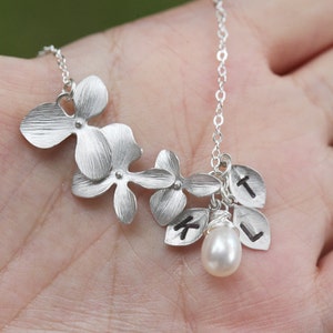 Personalized orchid bracelet,leaf initial bracelet,flower jewelry,custom birthstone,stamped monogram tag,Flower girl gift,bridesmaid gift
