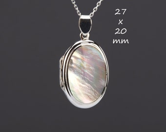 Large mother of pearl cover sterling silver oval locket with photo,oval mother of pearl locket,custom engraved photo locket,memorial locket