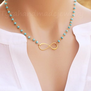 Beaded turquoise Infinity necklace,beaded gemstone necklace,infinity custom gemstones,Gold figure eight necklace,Mother Jewelry,best friend image 4