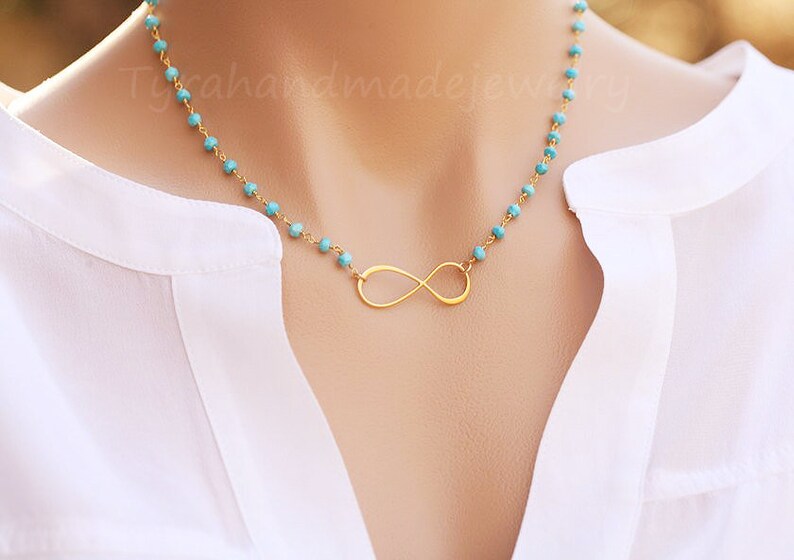 Beaded turquoise Infinity necklace,beaded gemstone necklace,infinity custom gemstones,Gold figure eight necklace,Mother Jewelry,best friend image 4
