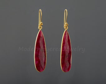 Long ruby teardrop earring,deep red ruby earring,drop dangle earrings,large faceted stone,July birthday gift,mother gift,red dress earrings