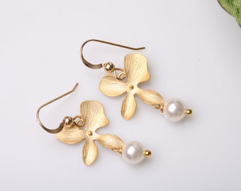 Gold Orchid Flower Earrings, Swarovski Pearl, Floral Jewelry