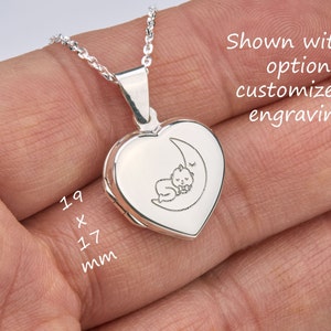 Pequeño medallón de corazón de plata de ley con fotos, pequeño medallón de corazón grabado, delicado medallón conmemorativo, medallón de cumpleaños para niños, medallón de hija de mamá