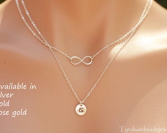 Double layer personalized infinity necklace,hand stamped,initial tags,custom font monogram,Bridesmaid gift,best friend gift,sisterhood gift