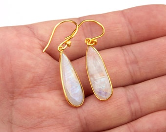 Rainbow moonstone earrings,thin pear cut nature moonstone earrings,June birthday earrings,mother gift