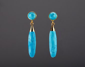 Two tier turquoise earring,long rod turquoise dangle earring,Nature turquoise post earring,December turquoise birthday gift,anniversary