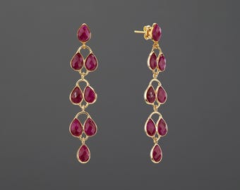 Five tier ruby earring,Long dangle ruby earring,leaflet bezel ruby string,drop swing earring,July birthday gift,mother gift,anniversary gift