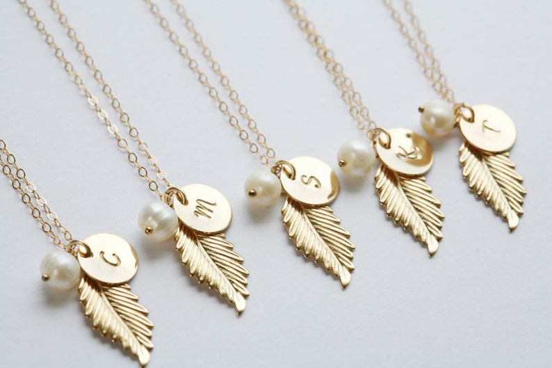 Set of 5,Personalized Feather Necklace,custom Initial necklace,Monogram necklace,Fall Wedding gift,Bridesmaid gift,Birthday,Everyday jewelry gold no card
