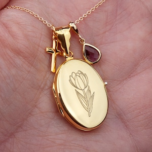 Custom engraved locket necklace with photo,memorial locket with cross,remembrance gift,custom gemstone,anniversary locket gift,photo locket