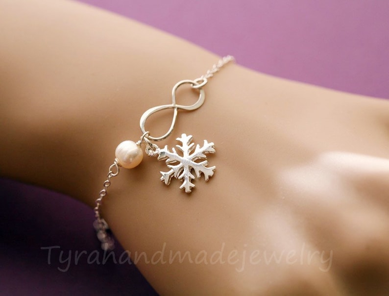 Snowflake infinity bracelet,Bridesmaid bracelet,custom birthstone,Winter wedding gift,lucky charm,Best friends gift,custom jewelry note image 1