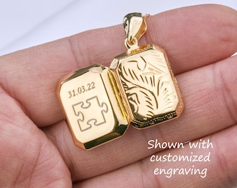 Gold vermeil rectangle photo locket,Antique Victorian etched box locket,custom engrave memorial locket,Valentine girlfriend gift,custom note