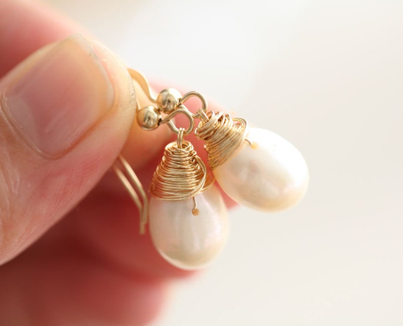 Dainty small Wire wrapped freshwater white pearl earrings,everyday jewelry,bridesmaid gifts,14k gold filled/sterling silver,Mother jewelry, image 1