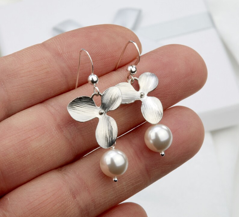 Orchid flower and pearl earrings,Sterling Silver Earrings,Wedding jewelry,Bridesmaid gift,birthday gift,flower girl gift,custom jewelry card image 2