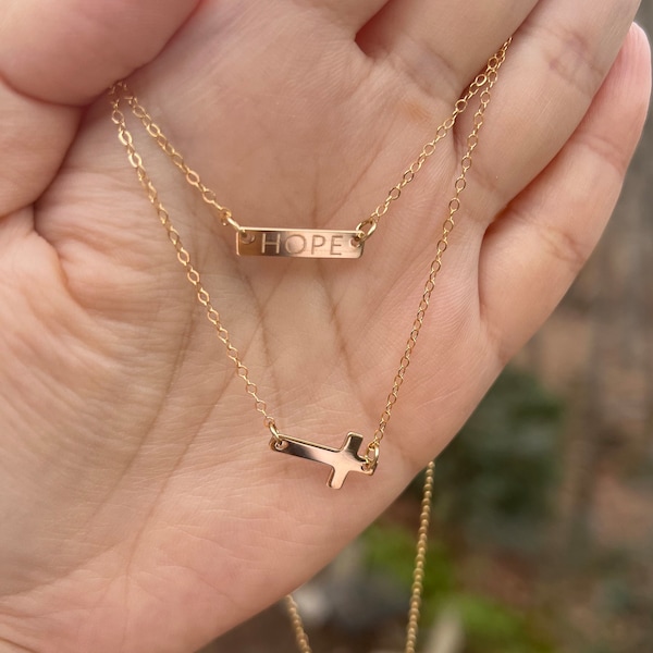 Set of two,double layer cross Bar necklace,Monogram Bar Necklace,Cross bar necklace,Initial necklace,rectangle bar necklace,faith jewelry