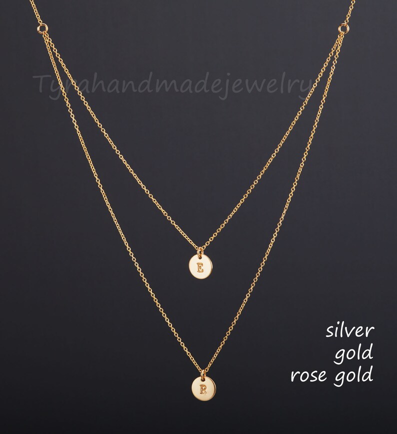 Silver Double Layer initial necklace,custom font monograms,hand stamped couple initials,sisters jewelry,mother and baby,personalized card gold no note card