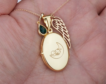 Graverat medaljonghalsband med foto, minnesmedaljong med änglavinge, minnesgåva, specialdesignad ädelsten, årsdagsmedaljong, medaljong för förlust i familjen