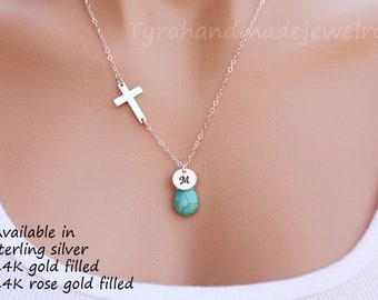 Sterling silver sideways Cross necklace with custom initial and birthstone,hand stamped custom font initial,faith jewelry,godmother gift