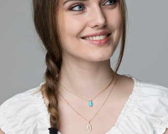 Set of 2, Double layered sleeping beauty turquoise feather necklace,Turqouse choker,Feather necklace,dainty layered feather necklace