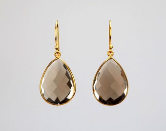 Large pear smoky quartz earring,heart shape smoky quartz earring,faceted bezeled smoky quartz,mother gift,healing crystal earrings