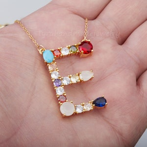 Large gem studded Initial necklace,colored glass letter tag,big letter charm necklace,birthday gift,rainbow initial,bridesmaid gift