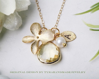 Orchid flower Necklace,Personalized,Bridesmaid gifts,Citrine in bezel,Leaf initial,Wedding Jewelry,Flower girl,Birthday,Anniversary