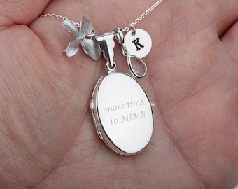 Engraved photo locket necklace,oval locket,custom initial birthstone,orchid flower jewelry,stamped monogram tag,remembrance gift,mother gift