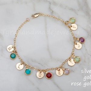 Grandma jewelry,Personalized initial stone bracelet,Multiple initial disc/brithstone 14k gold bracelet for Super Grandma,Grandmother gift image 1