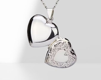 Sterling silver heart locket with photo, custom engraving,Victorian heart memorial  locket,Valentine girlfriend gift,vine border,remembrance