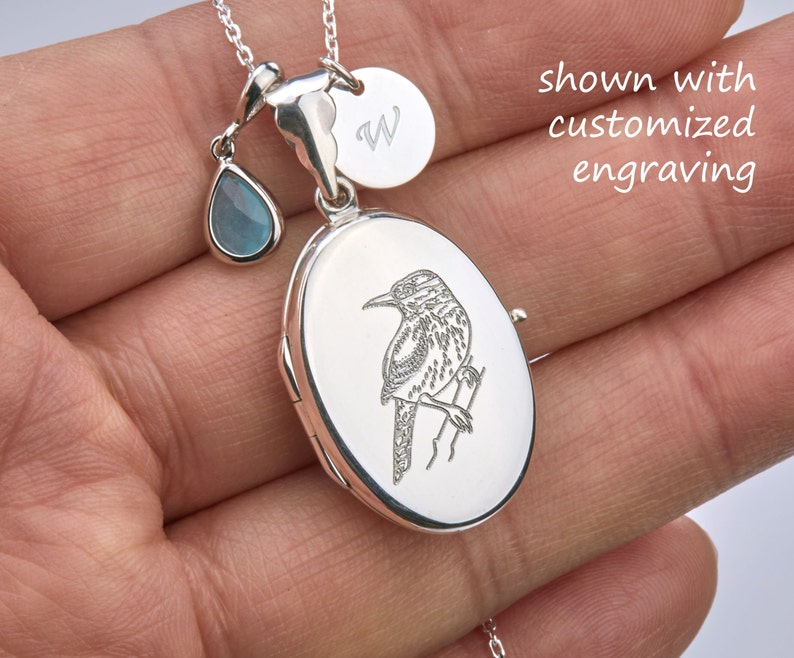 Sterling Silver oval locket necklace with photo,memorial necklace,custom birthstone,engraved birthflower necklace,wedding locket,mother gift image 1