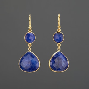 Long dangle two tier sapphire earring,Two layer blue stone earring,teardrop sapphire earrings,September birthday gift,blue dress earrings