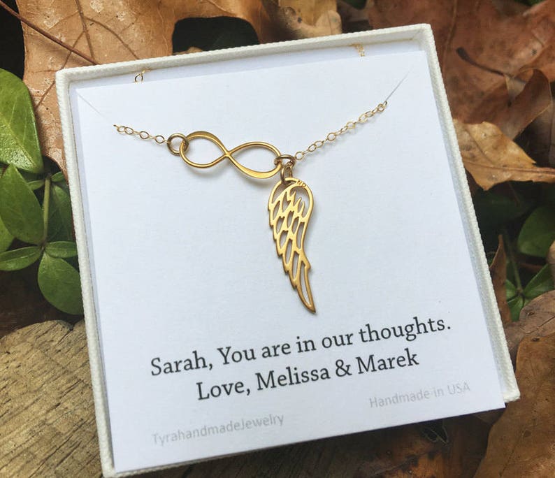 Infinity Angel Wing necklace,parent memorial gift,Memorial wing necklace,family remembrance gift,Bridesmaid gift,Wedding Jewelry,child loss, gold with card